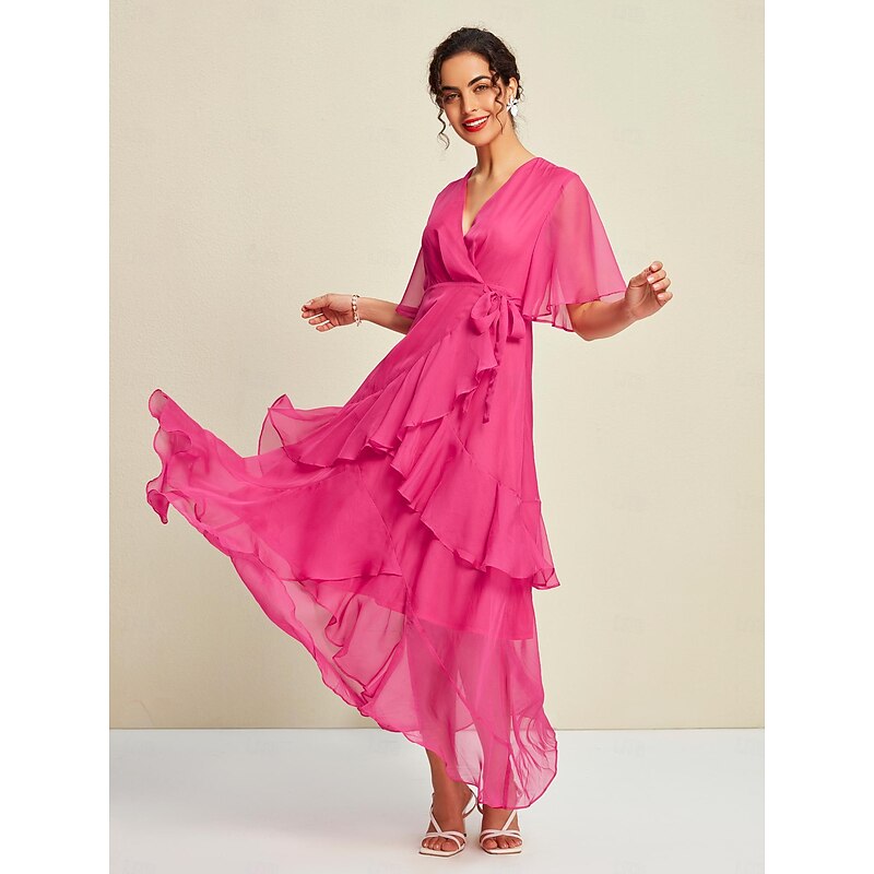 Pink Chiffon Wedding Guest/Party Solid Ruffle Sleeve Elegant Maxi Dress dress to impress 20244