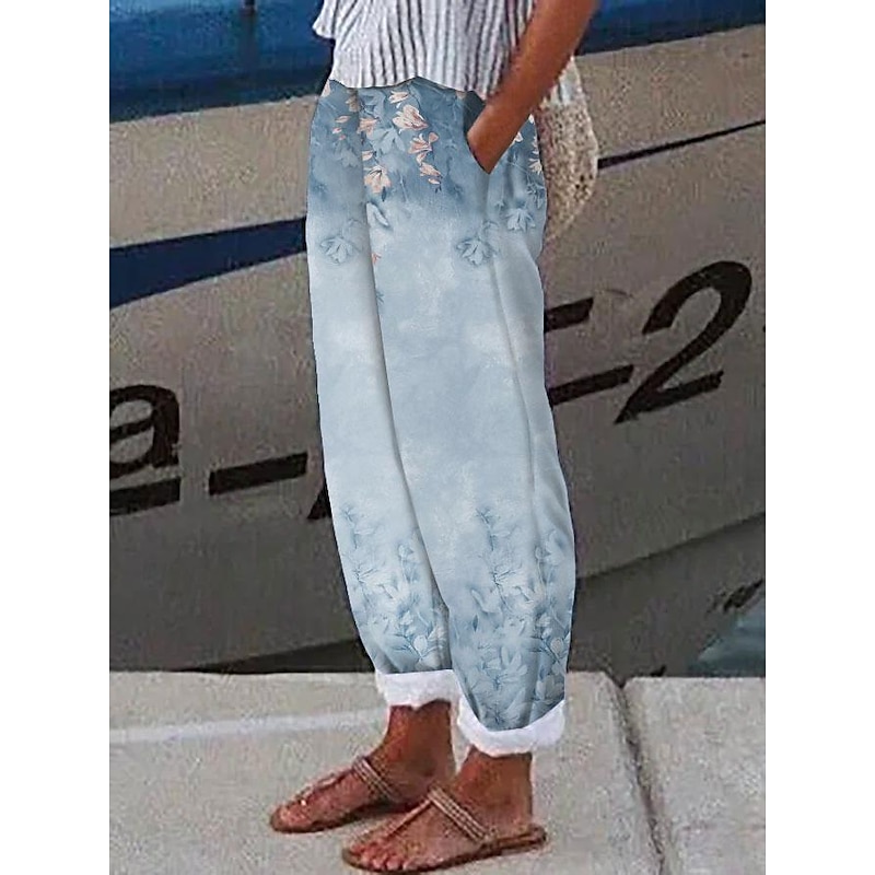 Women's Cotton Linen Pants Baggy Pants Linen Like Vacation Designer Ankle-Length Mid Waist Polka Dot Flower / Floral Side Pockets Baggy Print Comfort Micro-elastic Casual Daily