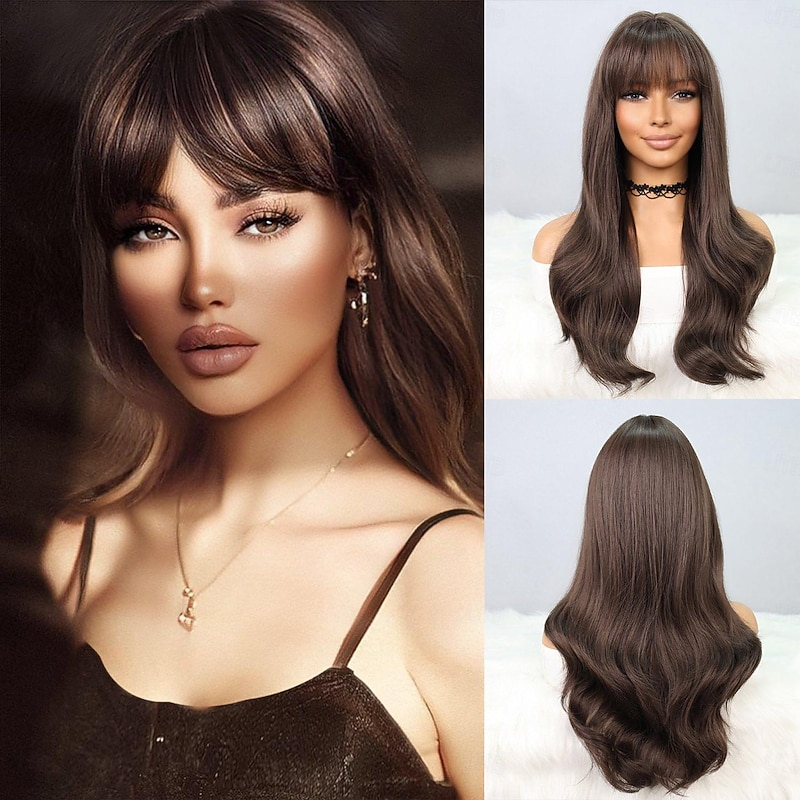 Synthetic Wig Natural Wave Deep Wave Neat Bang Wig 24 inch Dark Brown Wine Red Synthetic Hair Women's Red Brown Burgundy