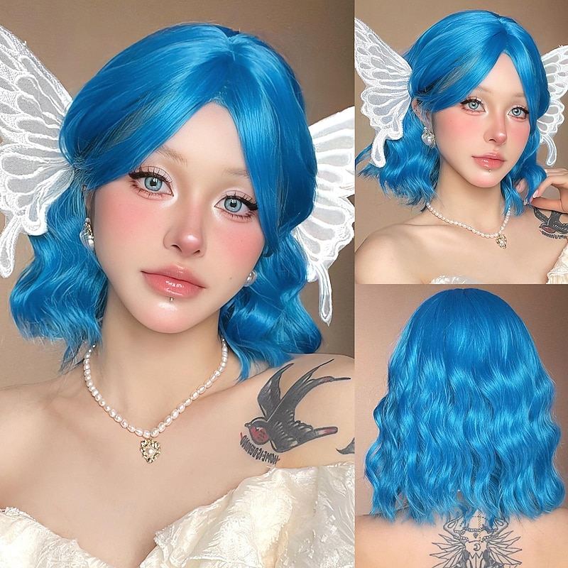 Synthetic Wig Uniforms Career Costumes Princess Curly Wavy Middle Part Layered Haircut Machine Made Wig 12 inch Royal Blue Synthetic Hair Women's Cosplay Party Fashion Blue - Main Image