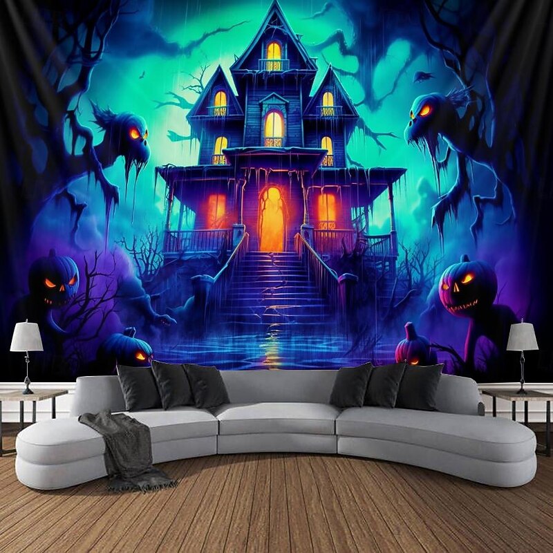 Halloween Haunted House Backdrop, 3D Archway Haunted Castle Entrance Wall Tapestry, UV Reactive Blacklight Wall Hanging, Glow in the Dark Spooky Mural for Living Room & Bedroom Wall art Decor3