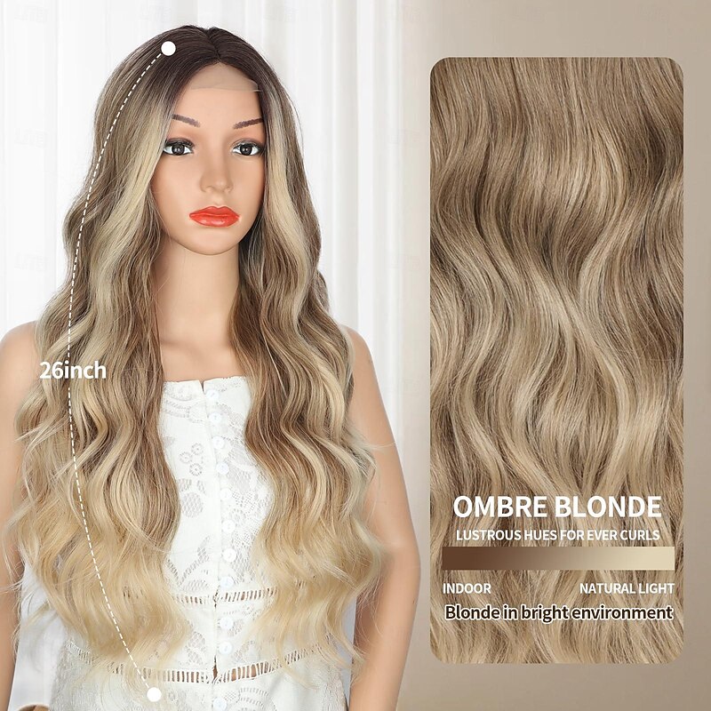 Blonde Wig for Women Long Wavy Wig with Dark Roots  26 Inch Middle Part Synthetic Fiber Hair for Daily Party Use Halloween Wigs2