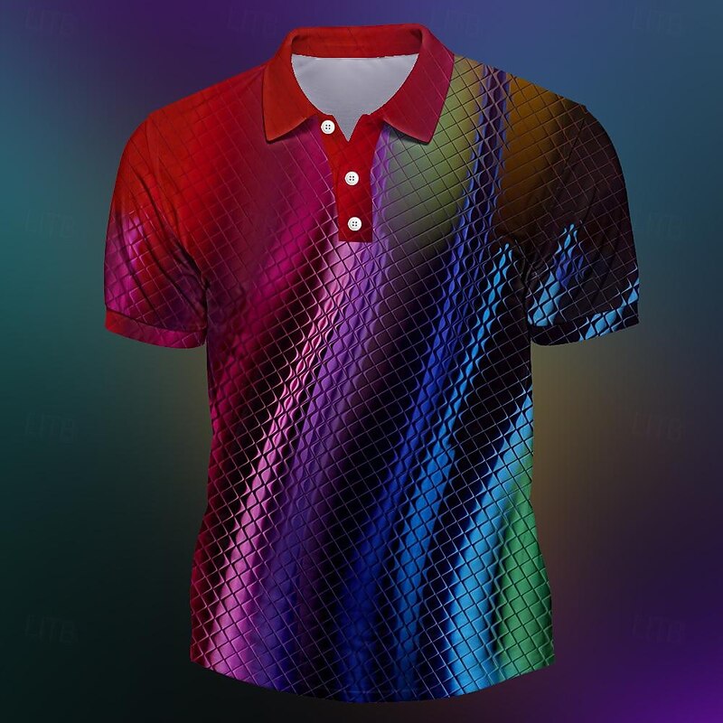 Men's Graphic Neon Polo Shirts Golf Shirt Short Sleeve Polo Shirts Collared Shirts Vacation Wear Rave Wear Party Outfits Buttons 3D Print Spring & Summer Red
