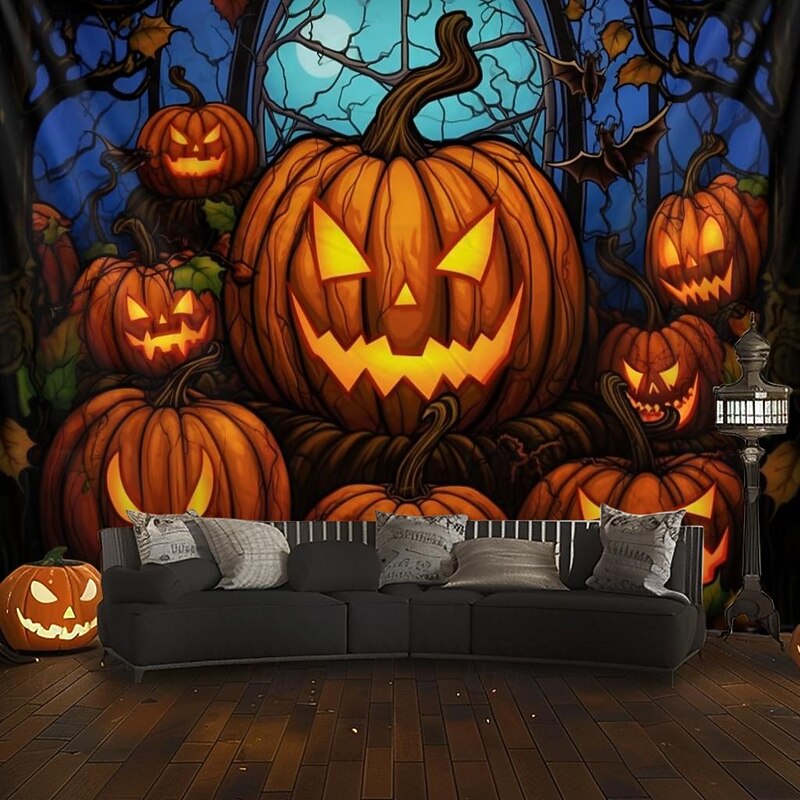 Halloween Decorations Hanging Tapestry Stained Glass Pumpkin Bat Wall Art Large Tapestry Mural Decor Photograph Backdrop Blanket Curtain Home Bedroom Living Room