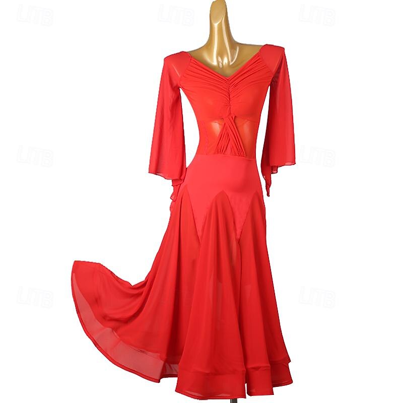 Ballroom Dance Dress Splicing Women's Performance Party Long Sleeve Chiffon Mesh Spandex