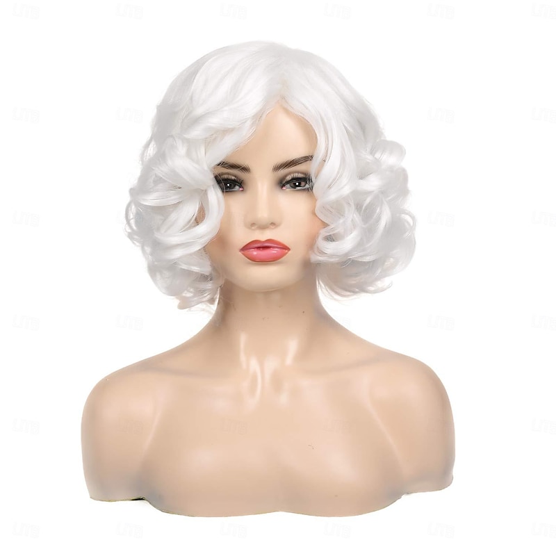 Short Curly White Wig for Women Synthetic Natural Wavy Costume Wig for Cosplay Party Halloween Wigs4