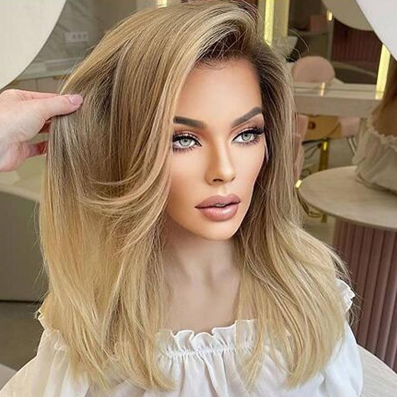 Remy Human Hair 13x4 Lace Front Wig Free Part Brazilian Hair Straight Blonde Wig 130% 150% Density with Baby Hair Ombre Hair Highlighted / Balayage Hair 100% Virgin With Bleached Knots For Women Long3