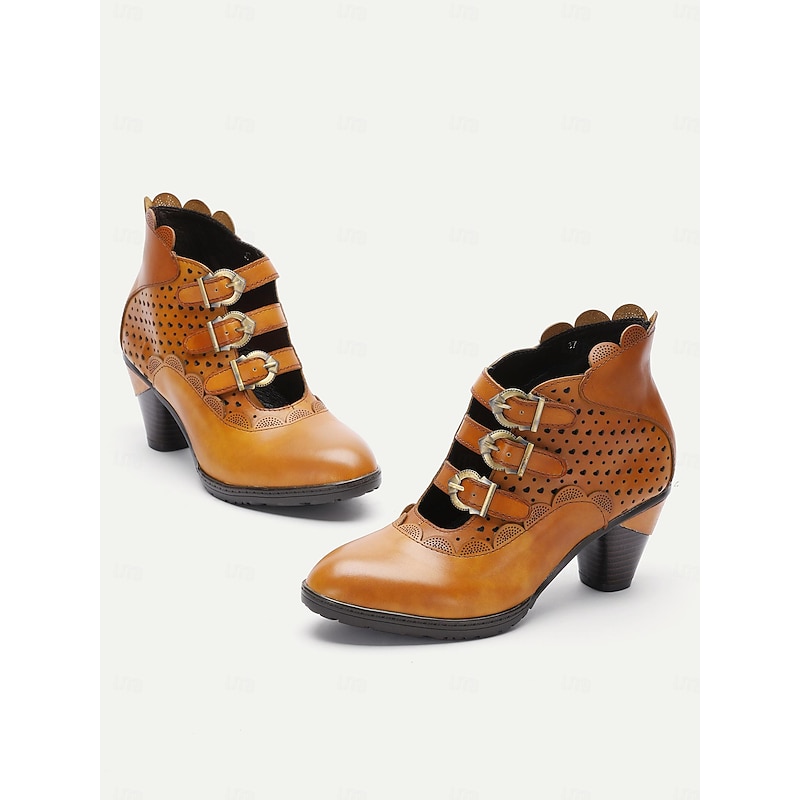 Women's Vintage Buckle Strap Ankle Boots - Brown Perforated High Heels for Oktoberfest, Casual, and Formal Wear2