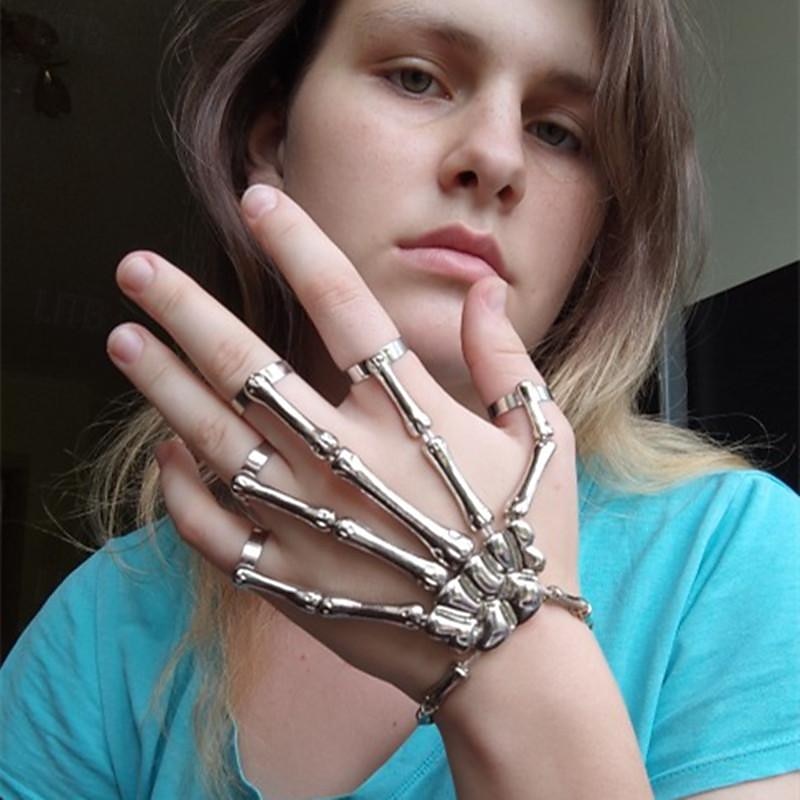 Halloween Skull Skeleton Hand Bracelet with Finger Ring Chain Gothic Bone Joint Jewelry Accessory Gift