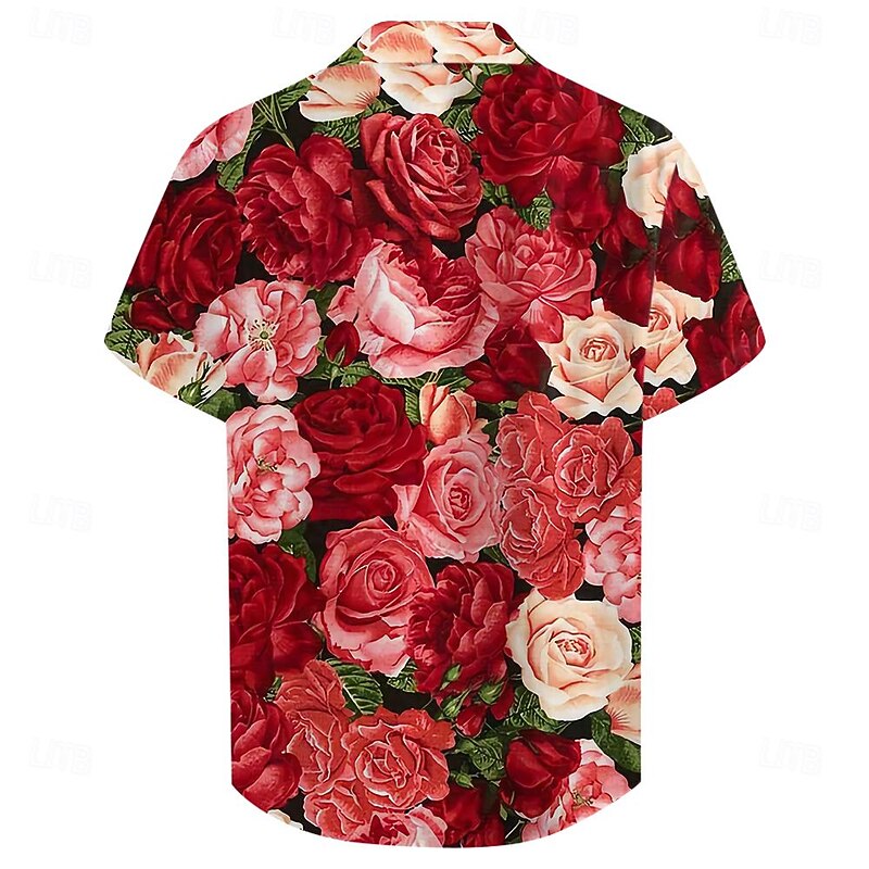 Men's Rose Floral Tropical Flowers Shirt Summer Hawaiian Shirt Button Up Shirt Short Sleeve Shirt Turndown Casual Vacation Party Evening Wear Daily Rose Red S M L2