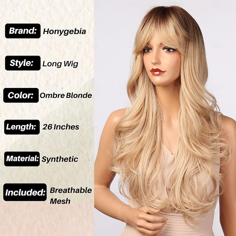 Blonde Wig with Bangs - Long Wavy Ombre Curtain Bang Wigs for White Women, Light Ash Blond Dark Roots Synthetic Heat Resistant Hair, Natural Cute Strawberry Wigs for Halloween/Christmas3