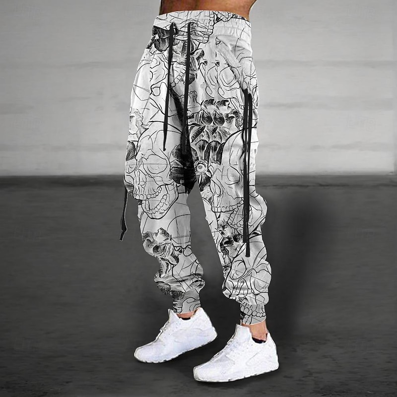 Men's Graphic Skull Sweatpants Joggers Pants Trousers Mid Waist Drawstring Elastic Waist Vintage Casual Outdoor Street Dailywear Pocket Spring Fall Winter 3D Print Gray