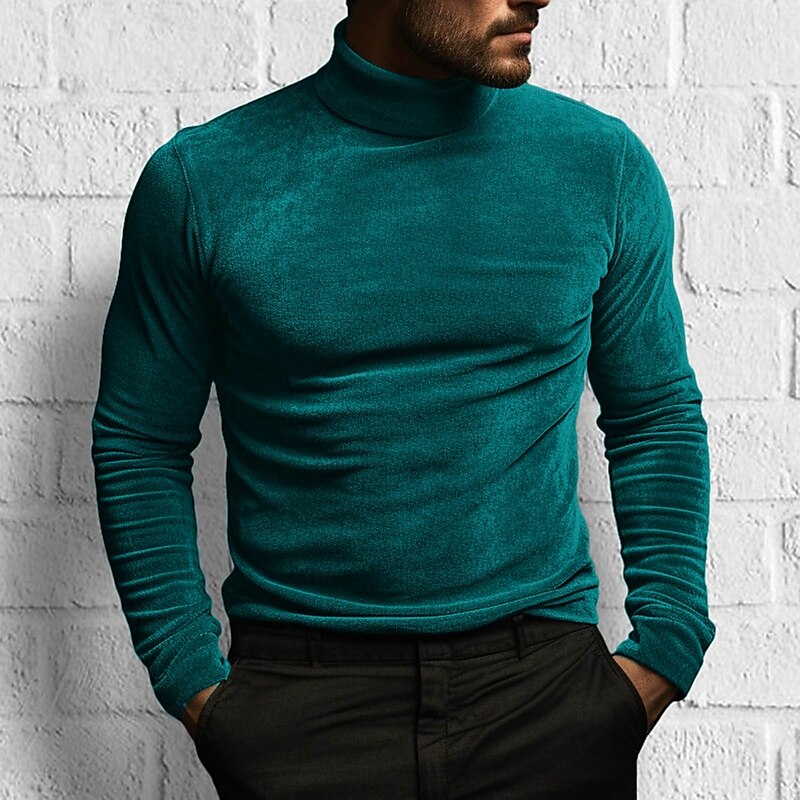 Men's Velvet Tee Long Sleeve Shirt Mock Turtleneck Long Sleeve Turtleneck Summer Solid Color Daily Hawaiian Buttons Outdoor Street Causal Black White Green Top Tee for Men