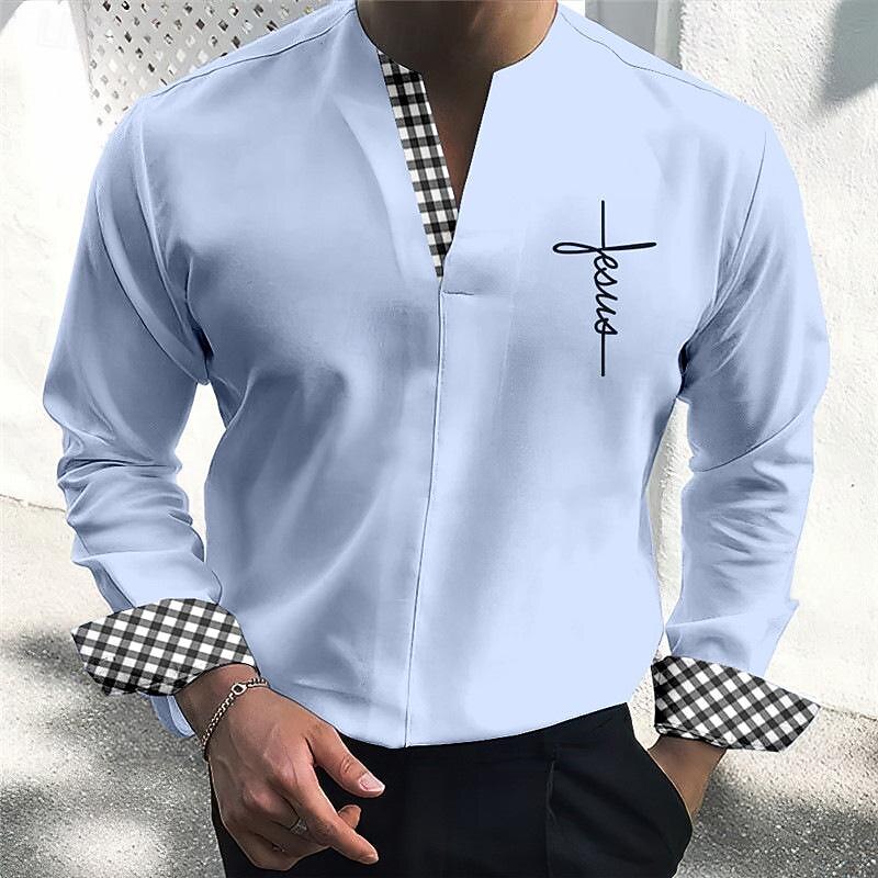 Men's Shirt Summer Shirt Casual Shirt Sky Blue khaki Gray Light Blue Long Sleeve Plaid Color Block Faith V Neck Holiday Vacation Patchwork Clothing Apparel Fashion Chinese Style Casual Comfortable3