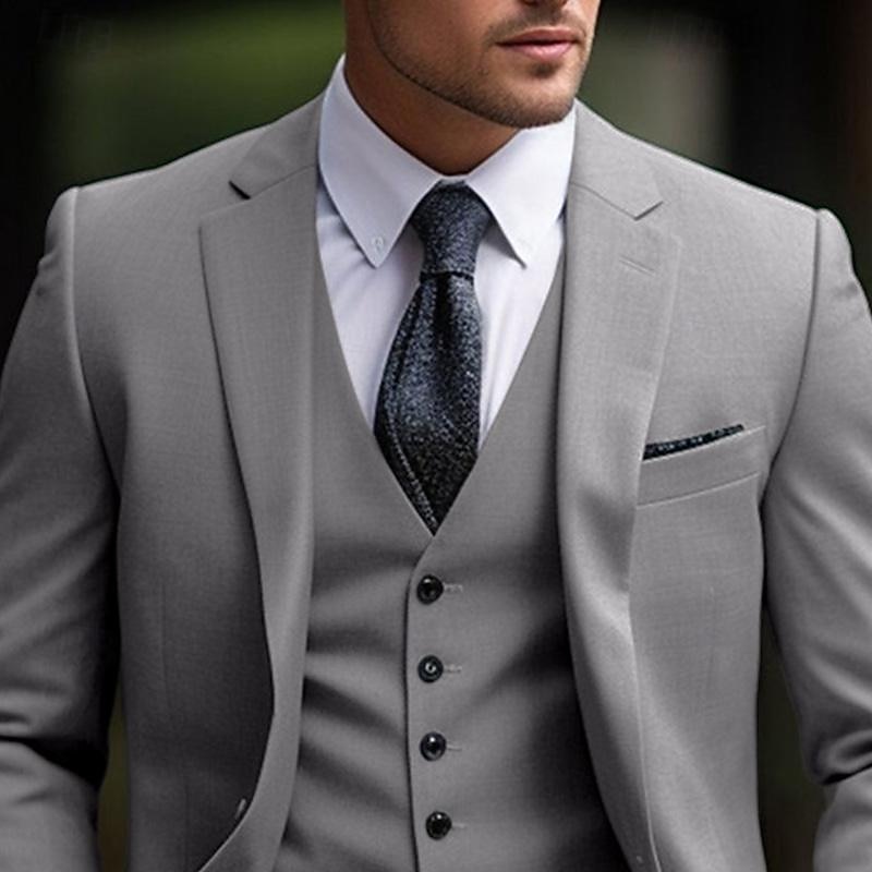 Men's Wedding Suits Notch Light Grey Daily Business Solid Colored Plus Size 3 Piece Single Breasted Two-buttons4