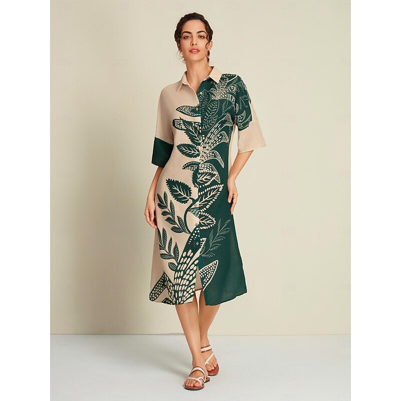 Leaf Print Half Sleeve Midi Shirt Dress - Main Image
