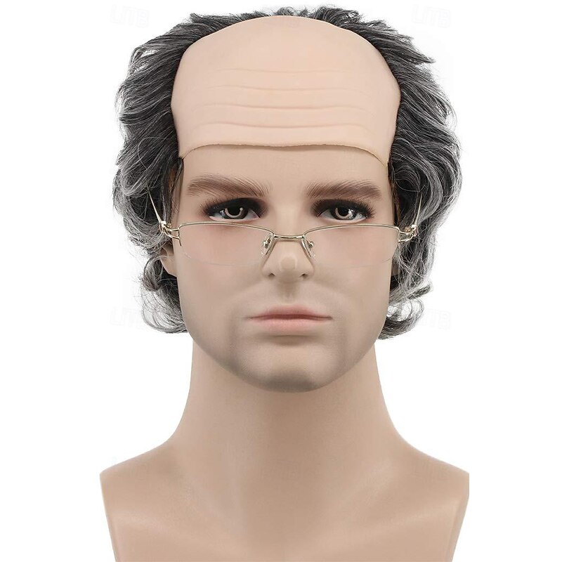 Short Curly Fits Old Man Bald Cap Gray Mad Scientist Carnival Cosplay Wig Anime Costume Party Wig2