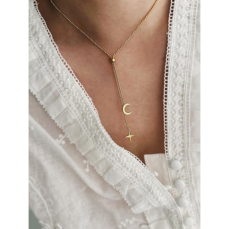 Women's Gold Star and Moon Pendant Necklace - Titanium Steel Lariat Chain Perfect for Casual and Elegant Styles