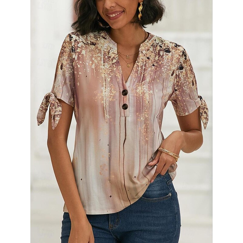 Women's T shirt Tee Graphic Print V Neck Tie Short Sleeve Basic Daily Weekend Button Cut Out Print Summer Spring2