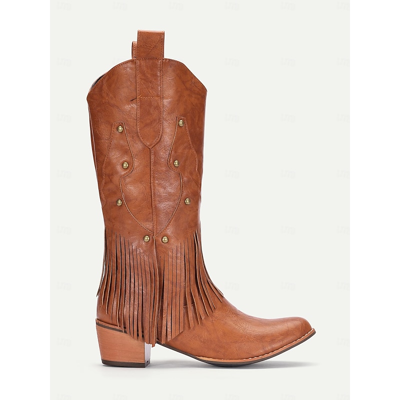 Women's Brown Faux Leather Western Cowboy Boots with Fringe Detailing for Casual Wear4