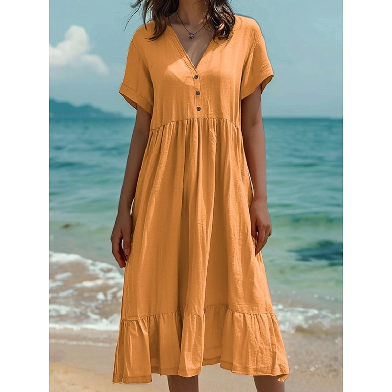 Women's Normal Midi Dress Cotton Linen Dresses Casual Dress Casual Street Regular Fit Solid Color Short Sleeve V Neck Light Green Dark Green Orange Dark Grey Summer 5