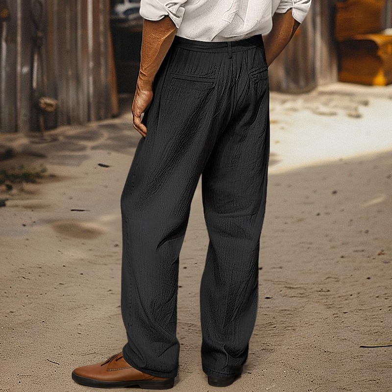 Men's Linen Pants Trousers Summer Pants Front Pocket Pleats Straight Leg Plain Comfort Breathable Full Length Casual Daily Holiday Fashion Basic Black Micro-elastic2