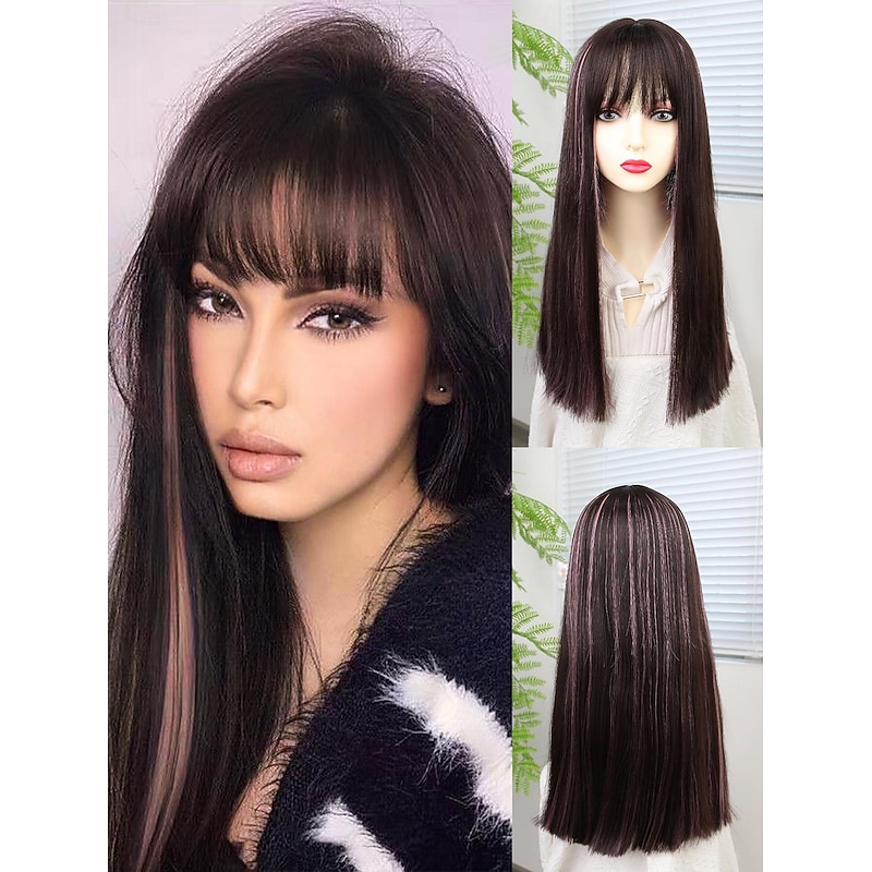 Synthetic Wig Straight Neat Bang Wig 20 inch Red / Brown Synthetic Hair Women's Multi-color