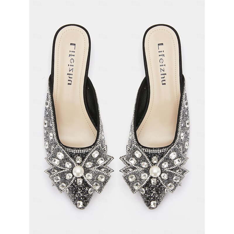Women's Black Glitter Mules with Rhinestone and Pearl Bow Detail for Parties and Formal Events3