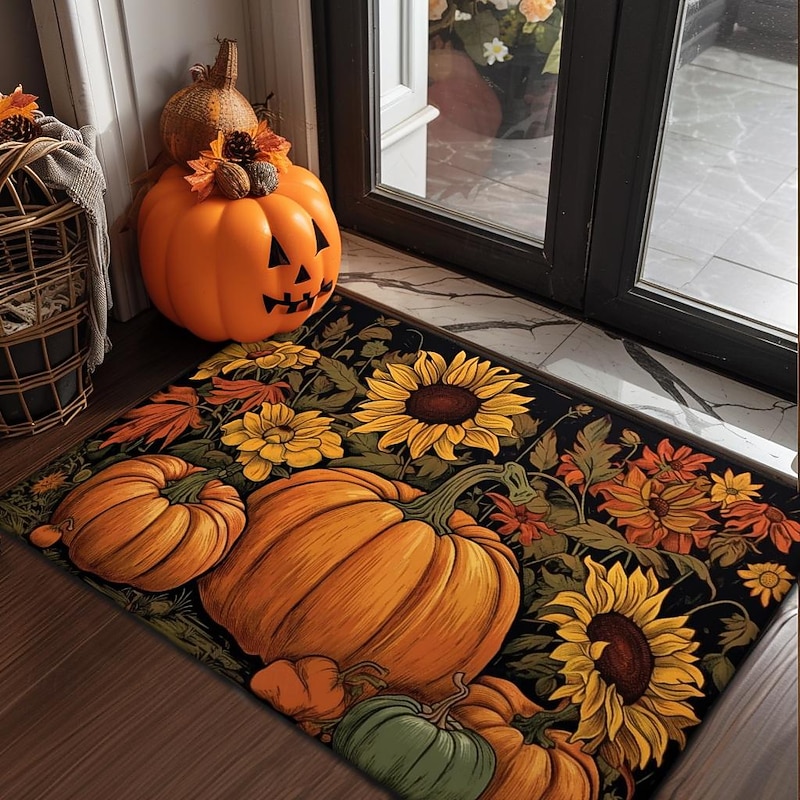 Halloween Doormat Pumpkin Sunflowers Kitchen Mat Floor Mat Non-Slip Area Rug Oil Proof Rug Indoor Outdoor Mat Bedroom Decor Bathroom Mat Entrance Rug