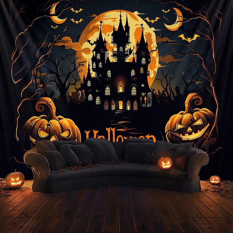 Halloween Decorations Hanging Tapestry Evil Pumpkin Castle Wall Art Large Tapestry Mural Decor Photograph Backdrop Blanket Curtain Home Bedroom Living Room