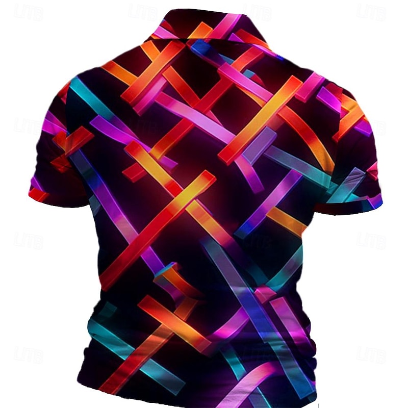 Men's Graphic Neon Polo Shirts Golf Shirt Short Sleeve Polo Shirts Collared Shirts Vacation Wear Rave Wear Party Outfits Buttons 3D Print Spring & Summer Black2