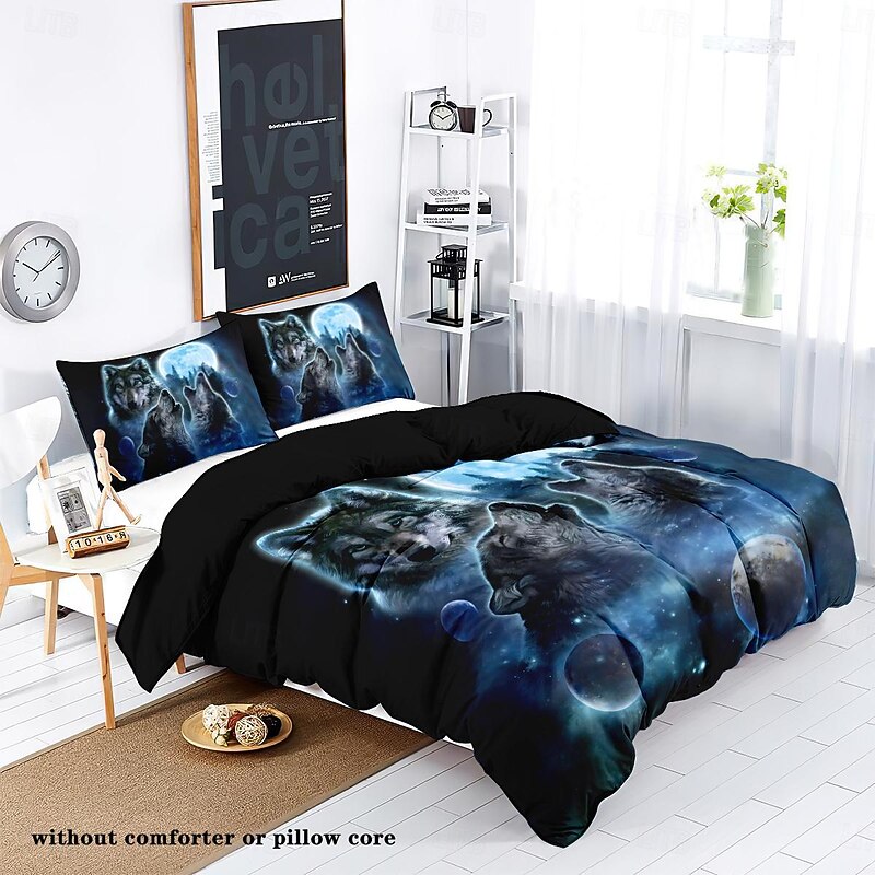 Moon Night Wolf Duvet Cover Set - Includes Duvet Cover and Pillowcases - Mystical Wolf and Moon Design - Soft and Comfortable Fabric2