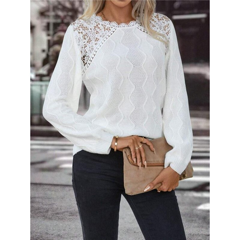 Women's Sweater Elegant Solid Color Waffle Crew Neck Lace Long Sleeve Regular Tops Knit Daily White Spring Fall4