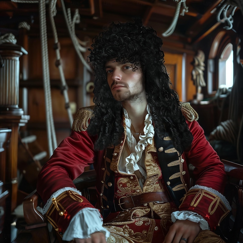 Pirate Wig Long Black Wavy Curly Captain Halloween Punk Rock adult Cosplay2