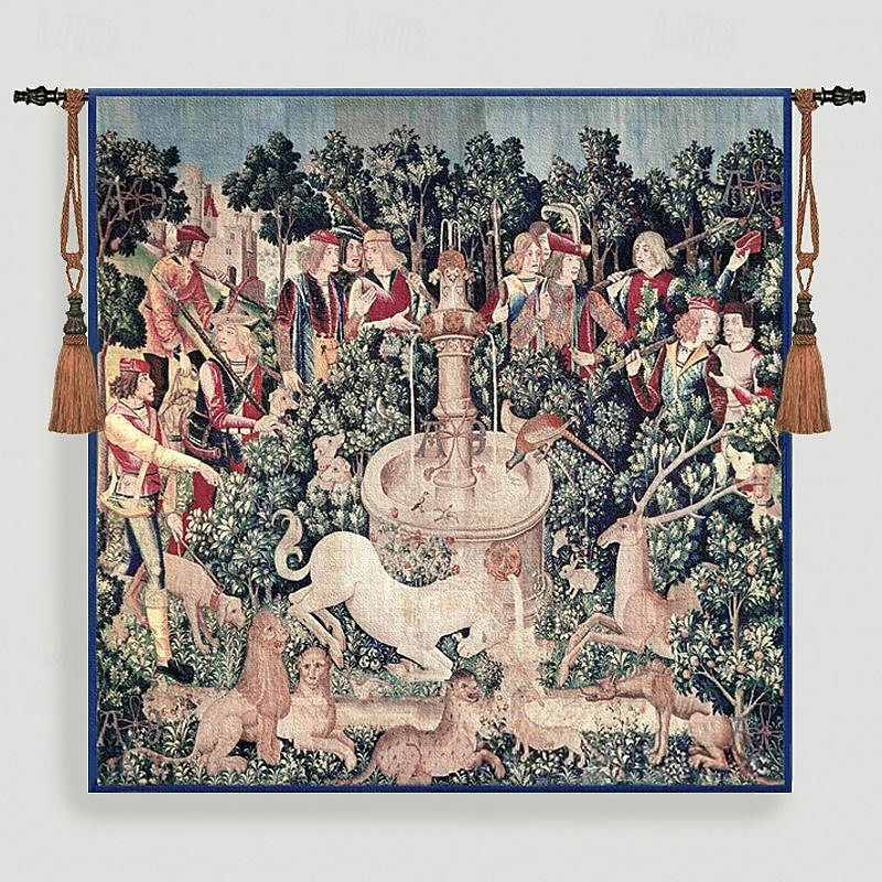 Jacquard Woven Tapestry Gobelin Aubusson Wall Hanging Hunt of the Unicorn Begian Wall Tapestry Loom Cotton Weave Living Room Bedroom Decoration(without Stick and Tassels)3