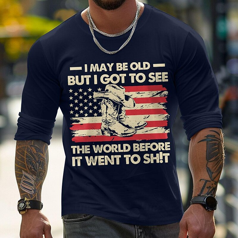 Letter Print Old People Black Orange Dark Blue T shirt Tee Men's Graphic 100% Cotton Shirt Classic Casual Shirt Long Sleeve Comfortable Tee Spring Fall Fashion Designer Clothing S M L XL XXL