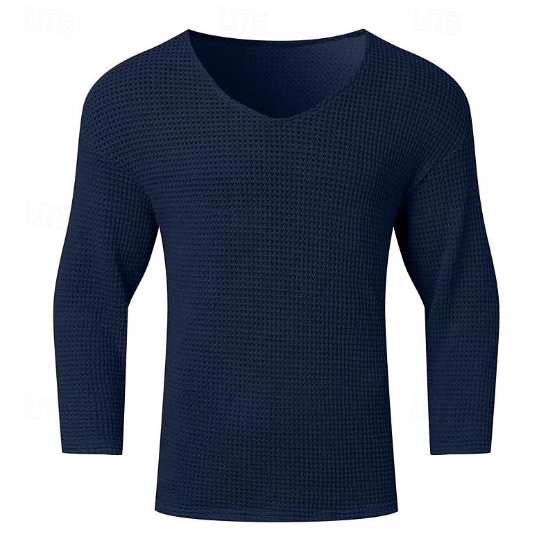 Men's T Shirt Tee Knit Tee Tee Top Long Sleeve V Neck Spring & Fall Plain Fashion Designer Basic Knitting Vacation Street Going out Black Navy Blue Khaki Top Tee for Men 14