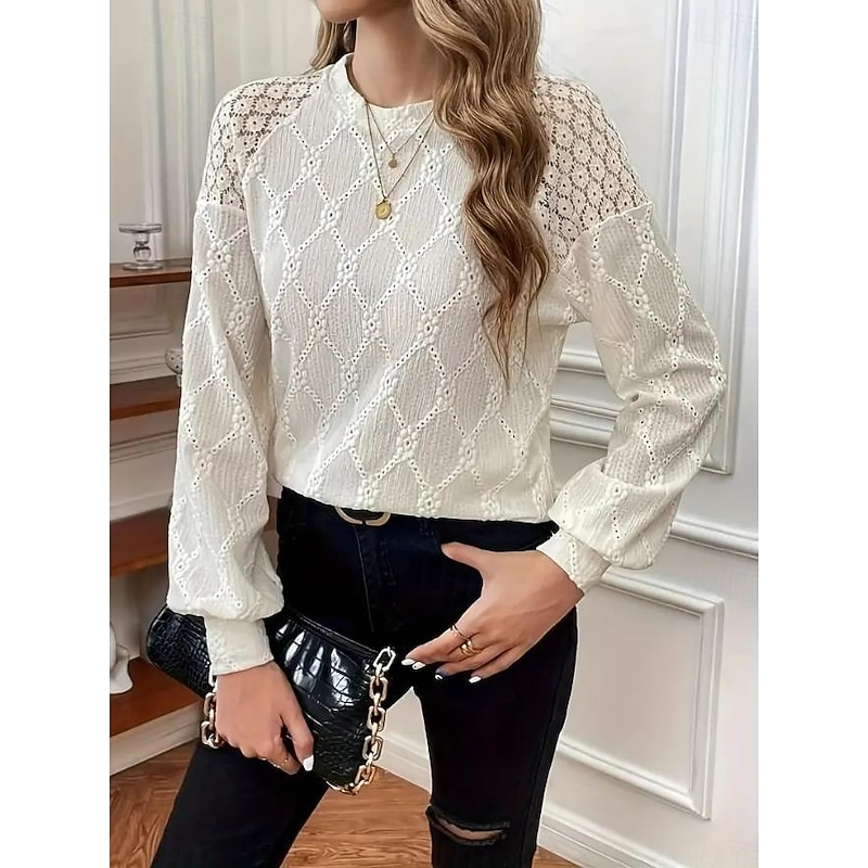 Women's Blouse Elegant Lace Eyelet Long Sleeve Crew Neck Daily Beige Summer3