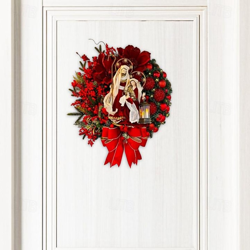 Christmas Wreath Outdoor for Front Door with LED Lights Jesus Nativity Scene Winter Wreath Window Wall Decoration Artificial Braided Front Door Decor3
