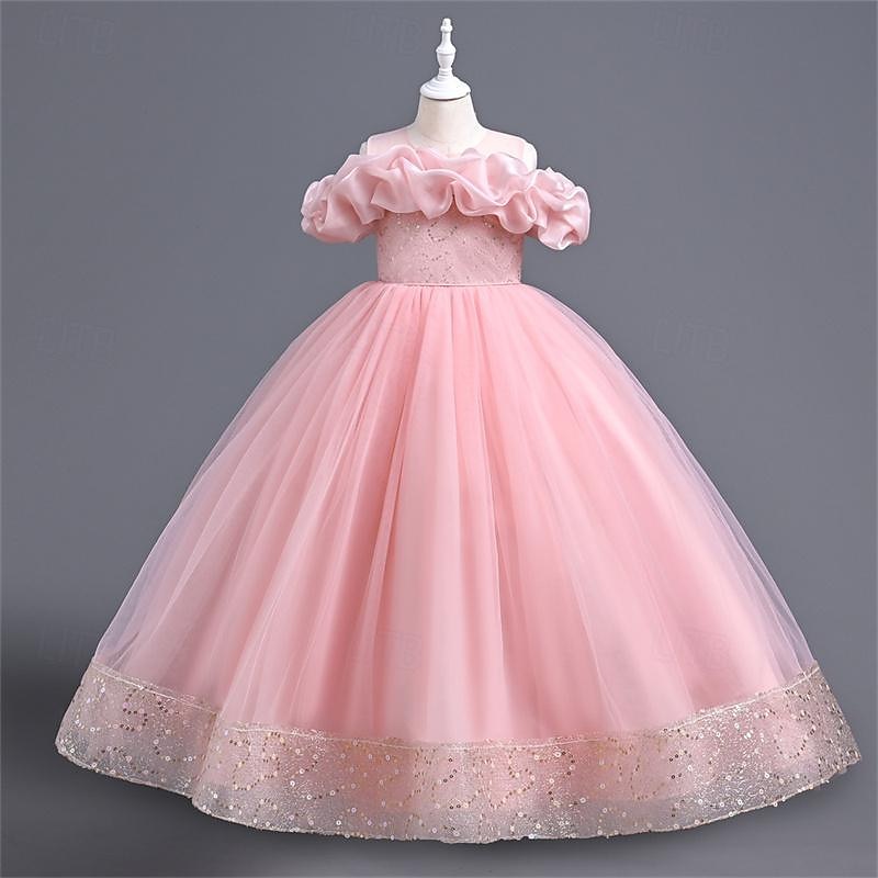 Girls' 3D Solid Color Flower Girl Dress Party Dress Sleeveless Summer Performance Wedding Party Princess Beautiful Sweet Kids 4-12 Years Party Dress Swing Dress Tulle Dress Maxi Regular Fit