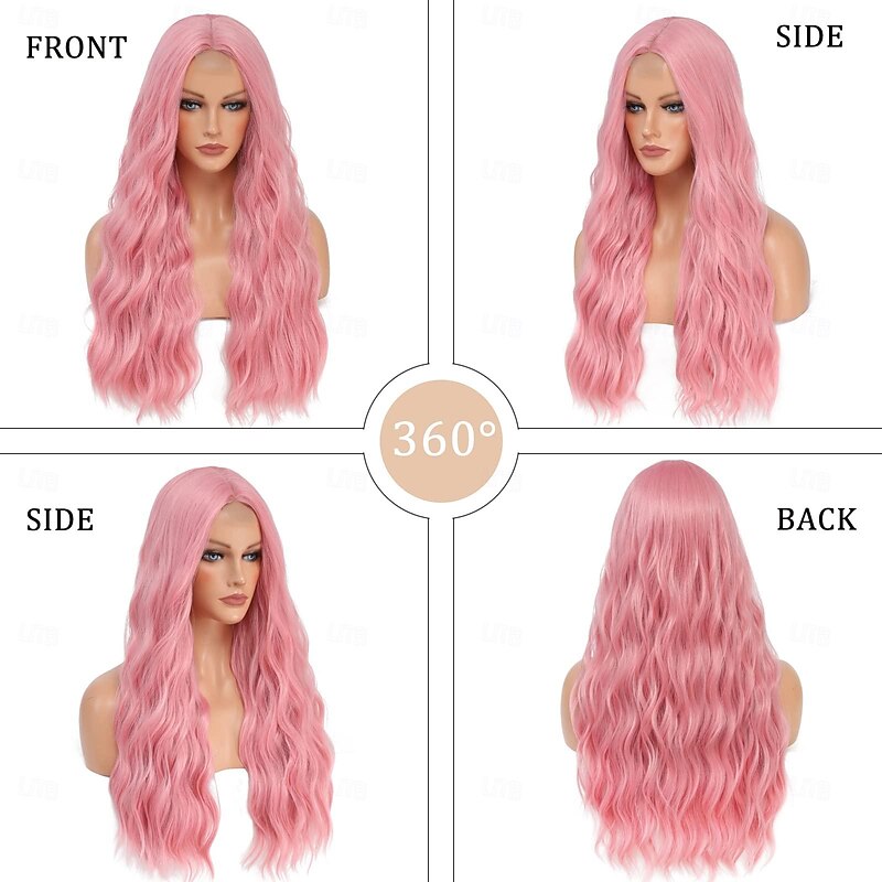 Pink Wig - Long Pink Wavy Wigs for Women Middle Part Pastel Pink Wig 26 inch Natural Curly Synthetic Wig Heat Resistant Fiber Wigs for Daily Party Use Halloween Wigs2
