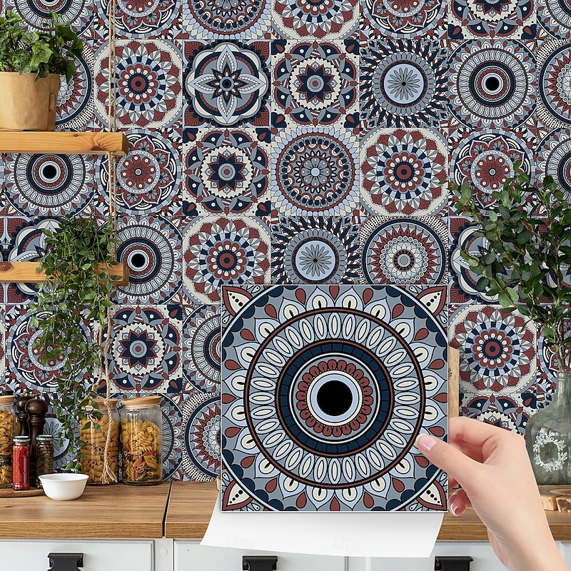 24pcs Tile Stickers, Thickened Crystal Film Moroccan Style Waterproof & Oil-Proof Removable PVC Wall Decals for Kitchen Bathroom Vintage Home Decor