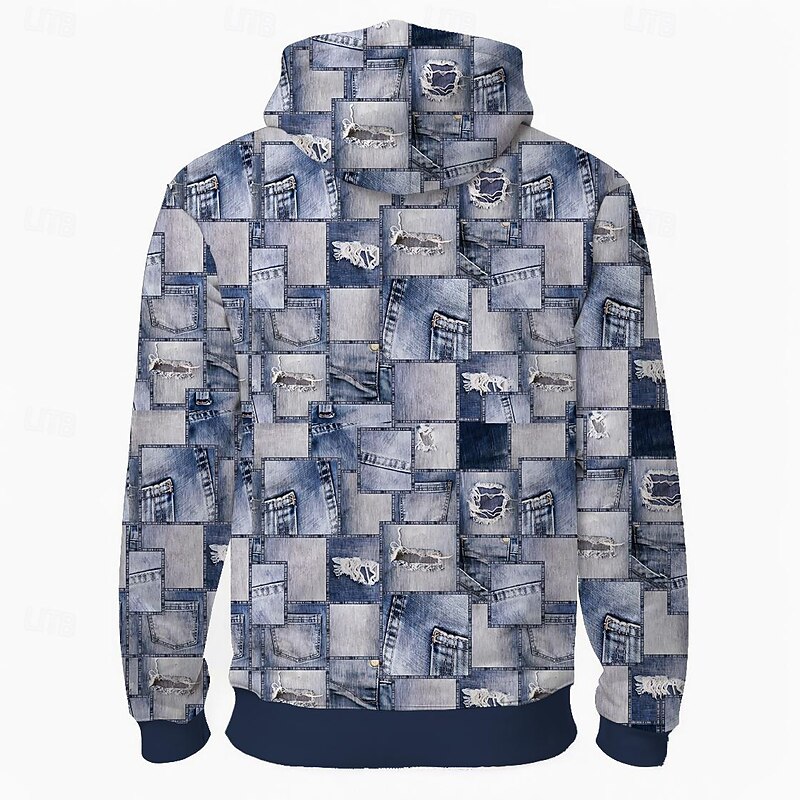 Men's Plaid Hoodie Hoodies Sweatshirt Fashion Cowboy Long Sleeve Crew Neck Blue Fall Winter Designer2