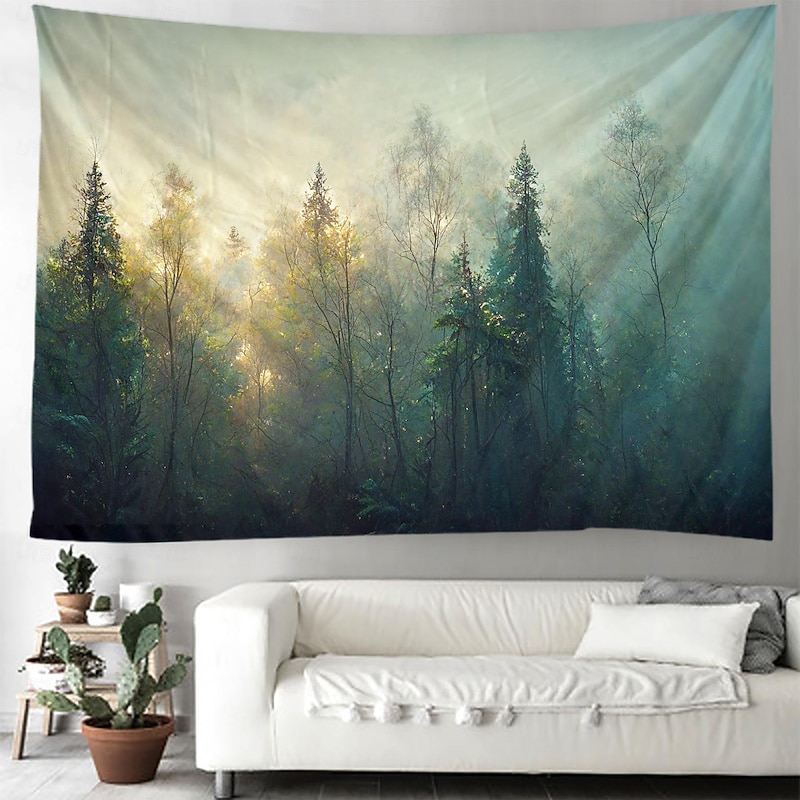 Misty Forest Landscape Hanging Tapestry Wall Art Large Tapestry Mural Decor Photograph Backdrop Blanket Curtain Home Bedroom Living Room Decoration2