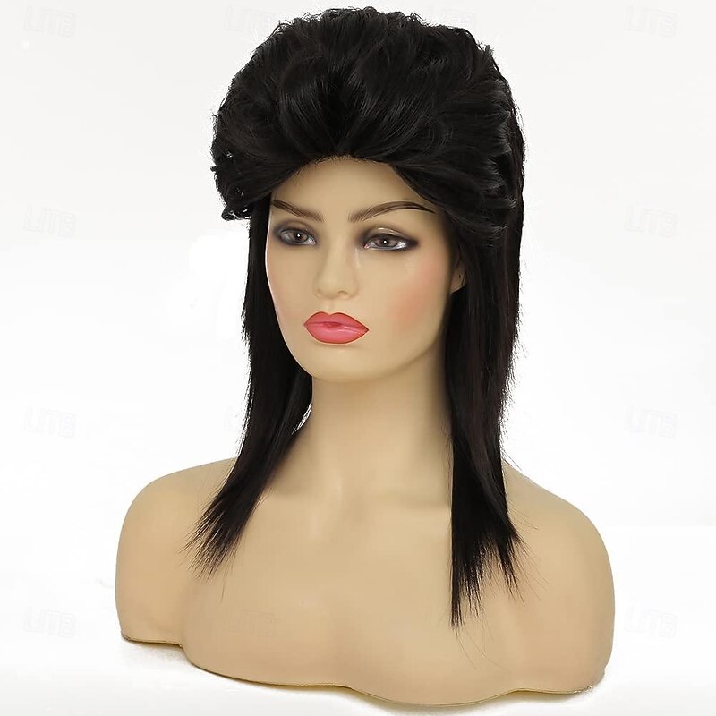 Black Mullet Wigs for Women Curly Shoulder Length Fluffy Hair 70s 80s Rocker Party Cosplay Synthetic Wigs (Black) Halloween Wigs2