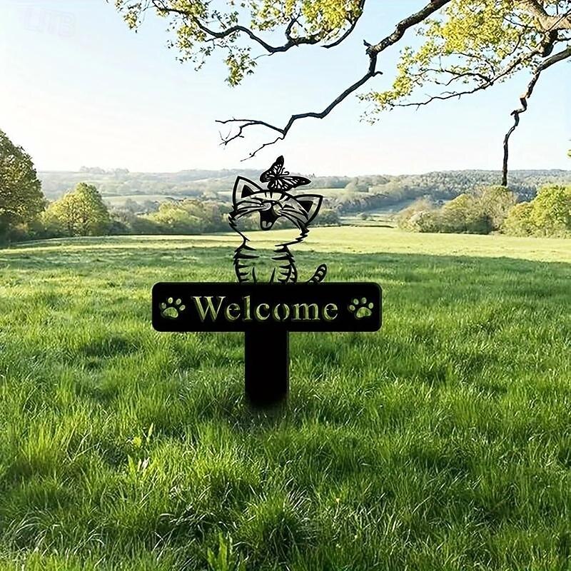 Metal Cat & Butterfly Yard Iron Art Insert French Bulldog Yard Garden Stakes Welcome Yard Sign. French Bulldog Decor3