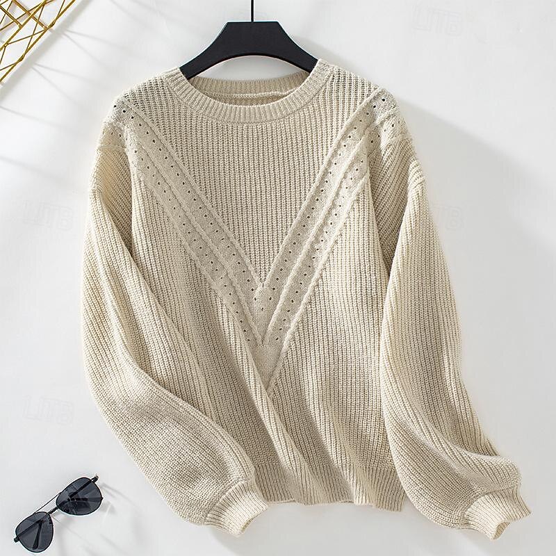 Women's Sweater Stylish Solid Color Ribbed Crew Neck Knitted Lantern Sleeve Long Sleeve Long Tops Knit Work Daily White Beige Fall Winter3
