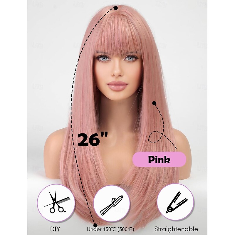 Wigs for Women Layered Straight Long Wig with Bangs Natural Synthetic Hair Halloween Cosplay Party Wigs4