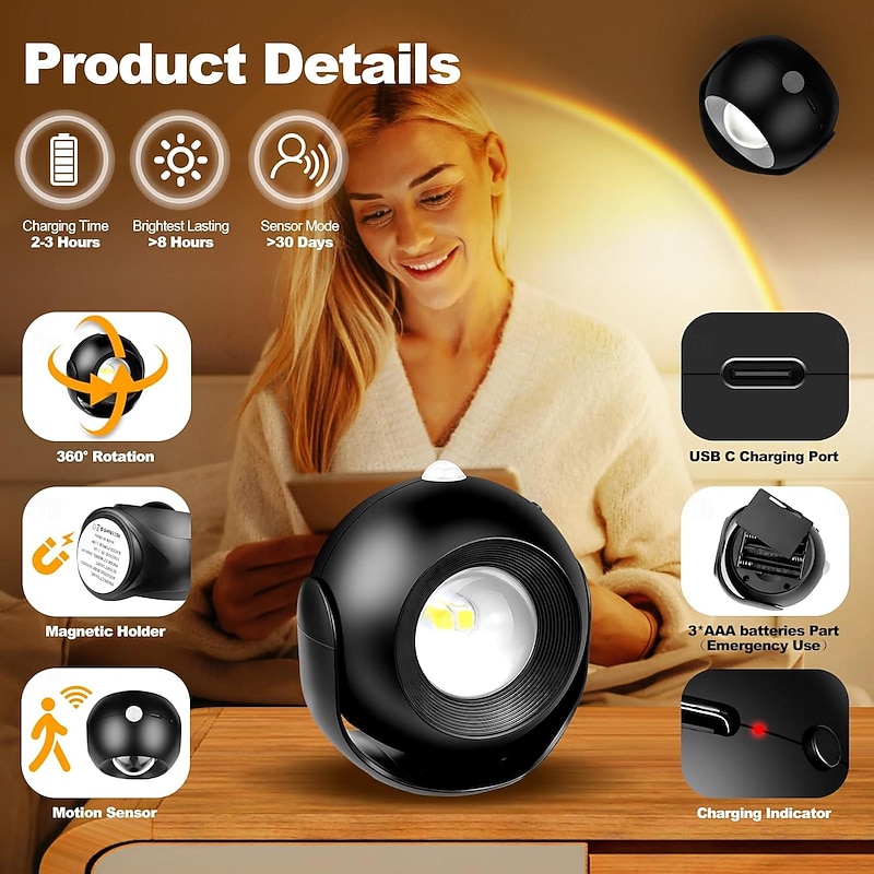 Motion Sensor Wall Light Picture Light Battery Powered/USB Rechargeable LED Wall Lamp Stepless Dimming 360 Degree Rotating Wireless Wall Lights Bedroom Living Room Gallery Decoration 1/2pcs4