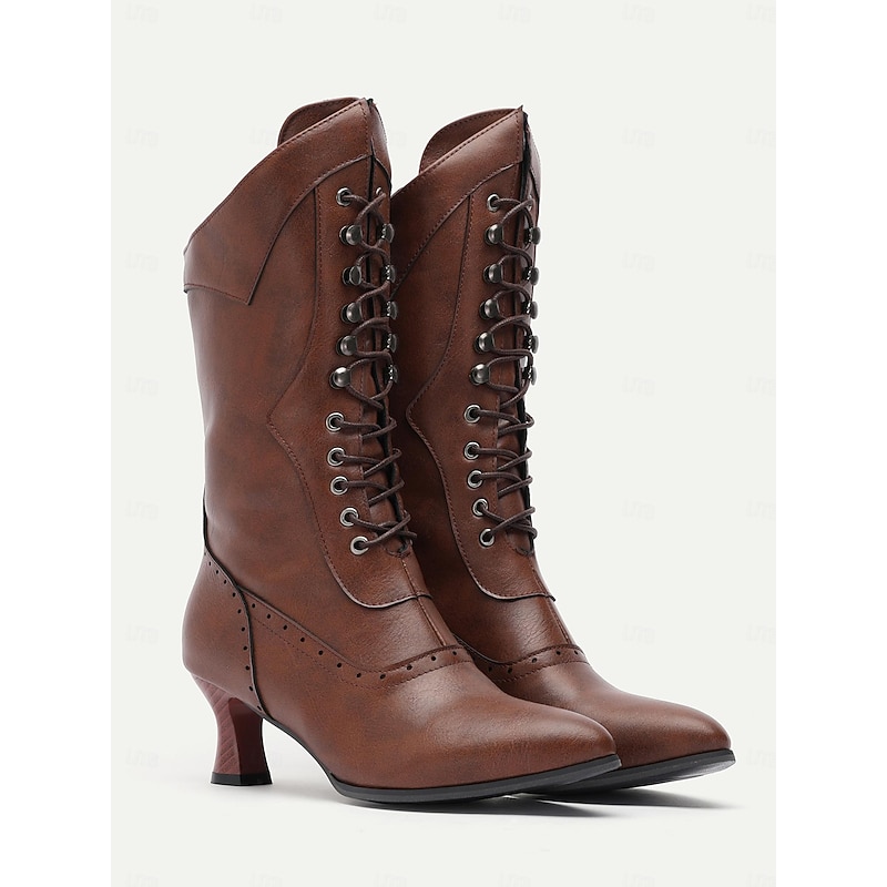 Women's Brown Victorian Lace-Up Boots with Mid Heel - Vintage-Style Retro Footwear for Cosplay, Events & Daily Elegance3